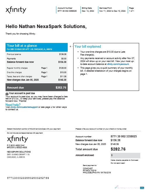 Download USA XFINITY business utility bill Word and PDF template Photoshop template